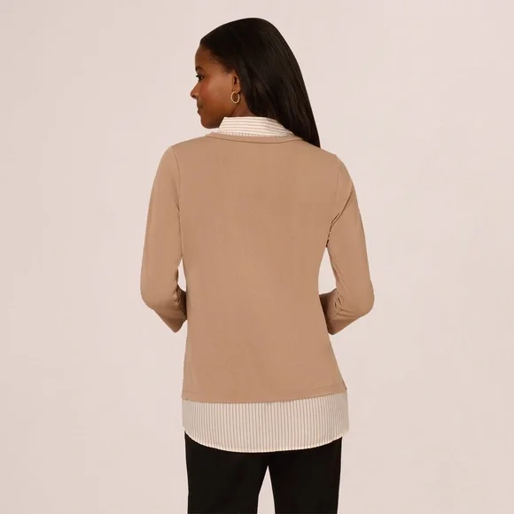 Adrianna Papell Three Quarter Sleeve Sweater Tan Ivory Stripe Top NWT Size S‎ - Picture 3 of 5